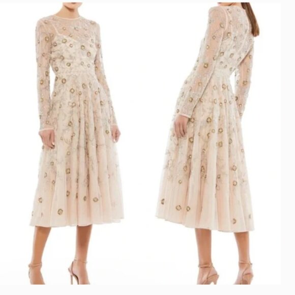 MAC DUGGAL 10799 BEADED ILLUSIONS HIGH NECK LONG SLEEVE A-LINE NUDE DRESS sz 10 - Picture 5 of 5